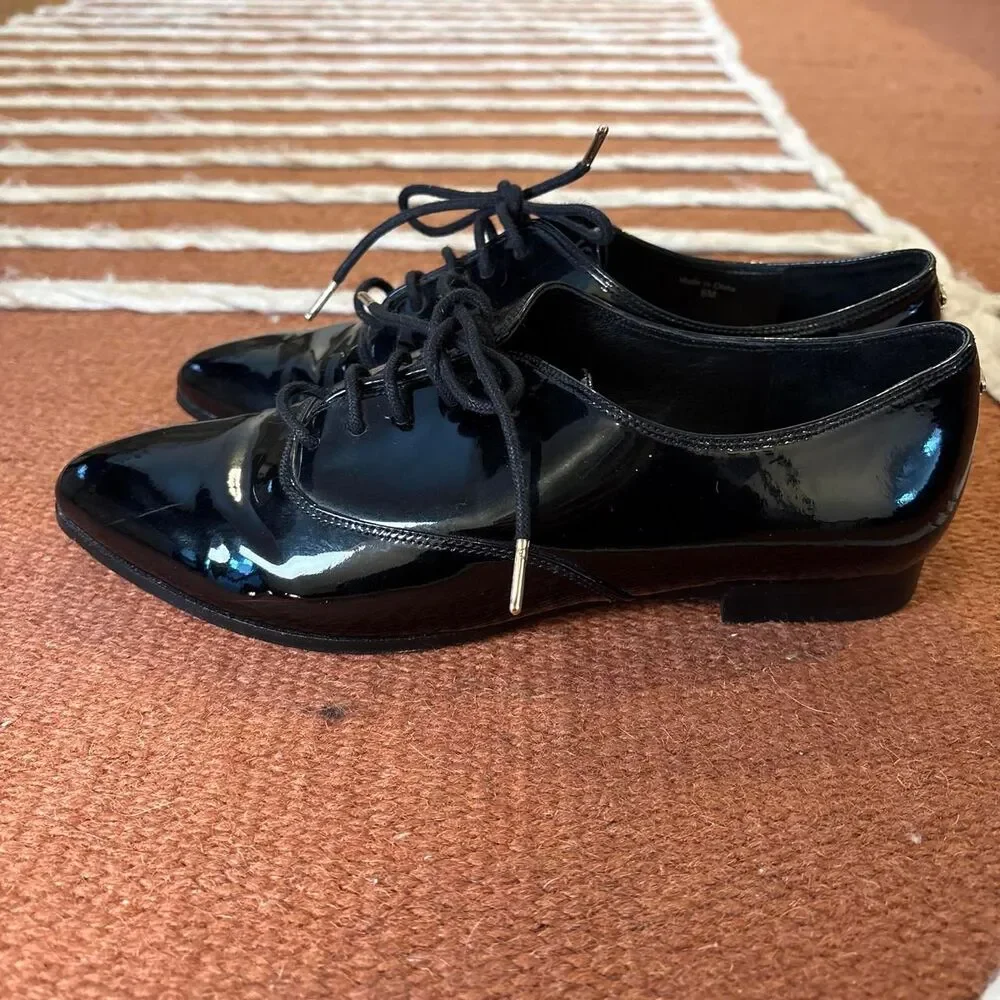 Kate Spade Black Patent Leather Oxfords Size 6M Glossy Dress Shoes Tuxedo Flat